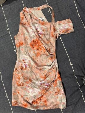 Elliatt One-Shoulder Floral Satin Dress in Peach and Orange